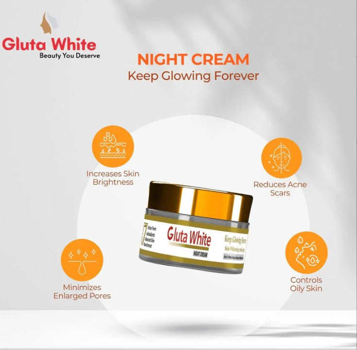 Gluta White Night Cream – Skin Whitening & Anti-Aging Formula with Phyto-Vitamin Complex – 100% Natural Glowing Skin Solution
