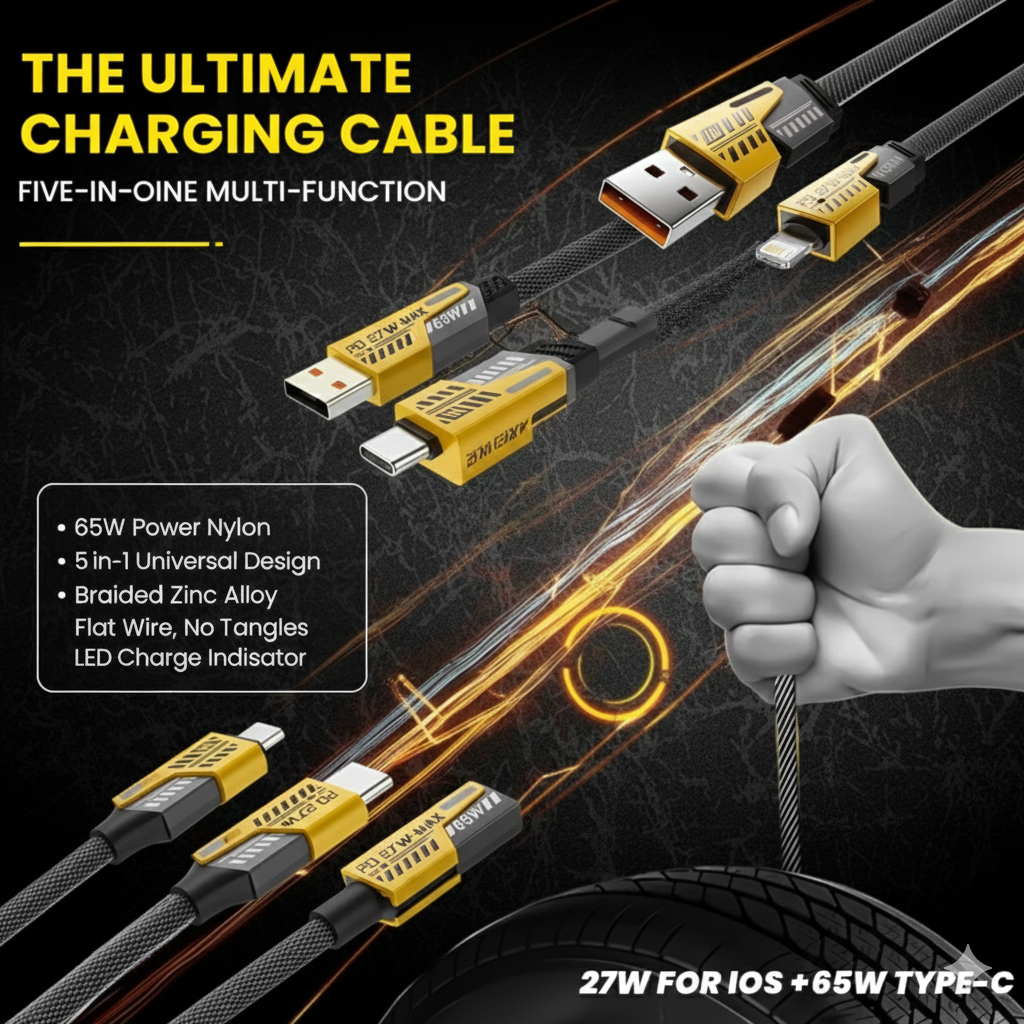 65W 5-in-1 Fast Charging Data Cable | USB-C PD & Lightning 27W Max | Universal Multi-Function Braided Flat Wire