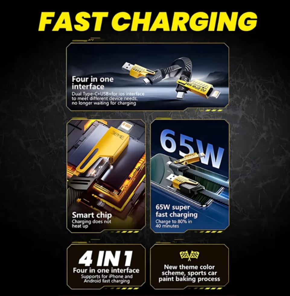 65W 5-in-1 Fast Charging Data Cable | USB-C PD & Lightning 27W Max | Universal Multi-Function Braided Flat Wire