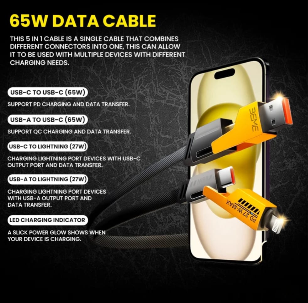 65W 5-in-1 Fast Charging Data Cable | USB-C PD & Lightning 27W Max | Universal Multi-Function Braided Flat Wire