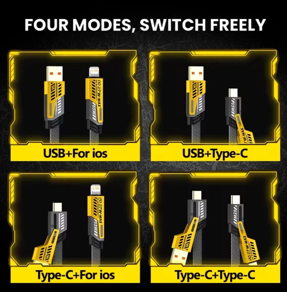 65W 5-in-1 Fast Charging Data Cable | USB-C PD & Lightning 27W Max | Universal Multi-Function Braided Flat Wire