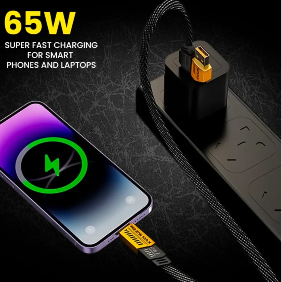 65W 5-in-1 Fast Charging Data Cable | USB-C PD & Lightning 27W Max | Universal Multi-Function Braided Flat Wire
