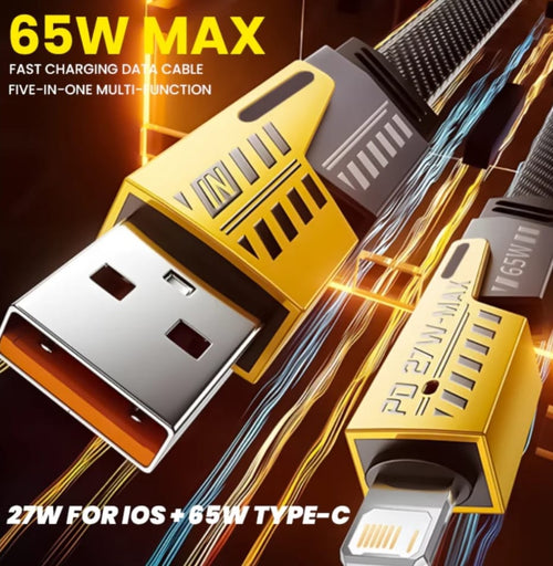 65W 5-in-1 Fast Charging Data Cable | USB-C PD & Lightning 27W Max | Universal Multi-Function Braided Flat Wire